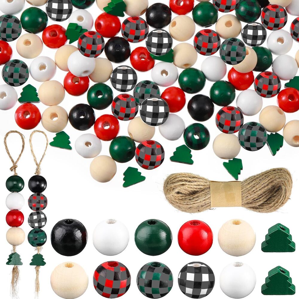 1575 Christmas Wooden Beads 0.63 Inch Craft Buffalo Plaid Farmhouse Colored